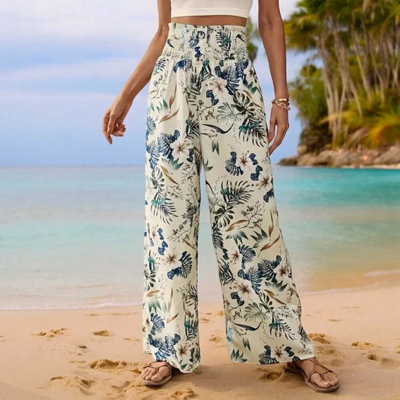 π2XL Floral Print High Waist Wide-Leg Spring Summer Beach Pants Boho Chic Style - Picture 9 of 9
